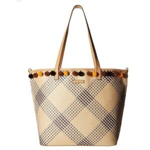 Vera Bradley Woven Neutral Tote Beach Bag Purse With Black & Orange Pom Poms LG